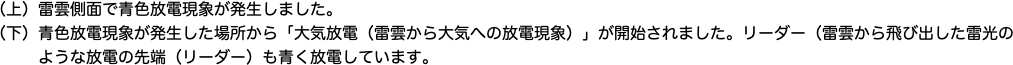 　（上）雷雲側面で青色放電現象が発生しました。"