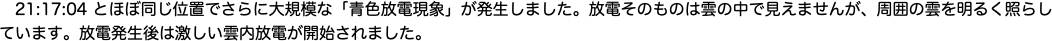 　とほぼ同じ位置でさらに大規模な「青色放電現象」が発生しました。放電そのものは雲の中で見えませんが、周囲の雲を明るく照らし"