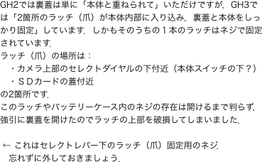 では裏蓋は単に「本体と重ねられて」いただけですが，では「箇所のラッチ（爪）が本体内部に入り込み，裏蓋と本体をしっかり固定」しています．しかもその"