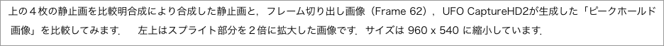 上の４枚の静止画を比較明合成により合成した静止画と，フレーム切り出し画像（），が生成した「ピークホールド"