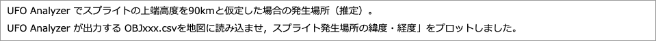 でスプライトの上端高度をと仮定した場合の発生場所（推定）。"