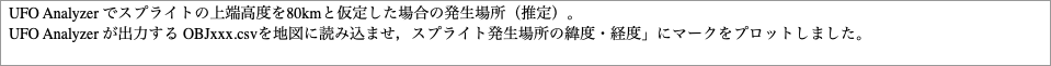 でスプライトの上端高度をと仮定した場合の発生場所（推定）。"