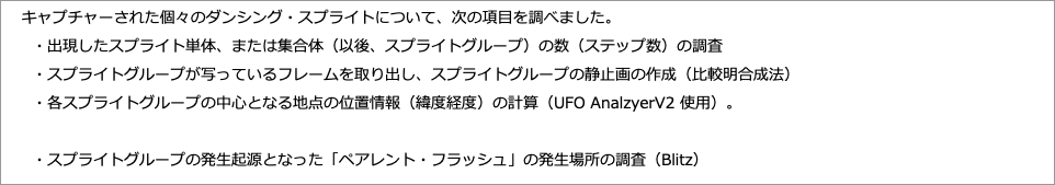 　キャプチャーされた個々のダンシング・スプライトについて、次の項目を調べました。"