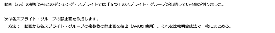 　動画（）の解析からこのダンシング・スプライトでは「５つ」のスプライト・グループが出現している事が判りました。"