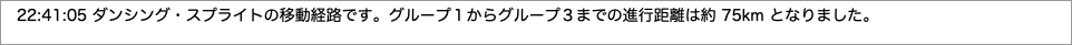　ダンシング・スプライトの移動経路です。グループ１からグループ３までの進行距離は約となりました。"