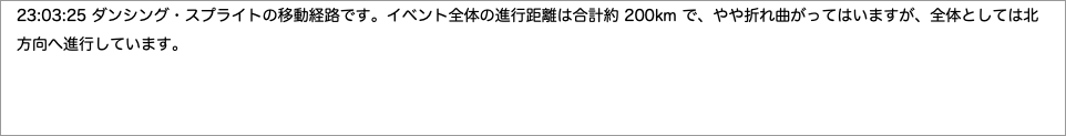 　ダンシング・スプライトの移動経路です。イベント全体の進行距離は合計約で、やや折れ曲がってはいますが、全体としては北"