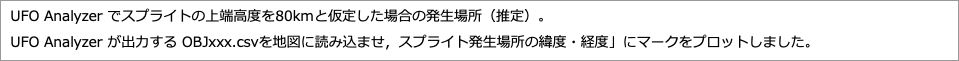 でスプライトの上端高度をと仮定した場合の発生場所（推定）。"